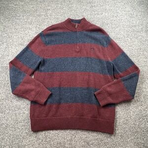Chaps Mens L 1/4 Zip Cotton Sweater Burgundy Navy Stripe Mock Neck Pullover